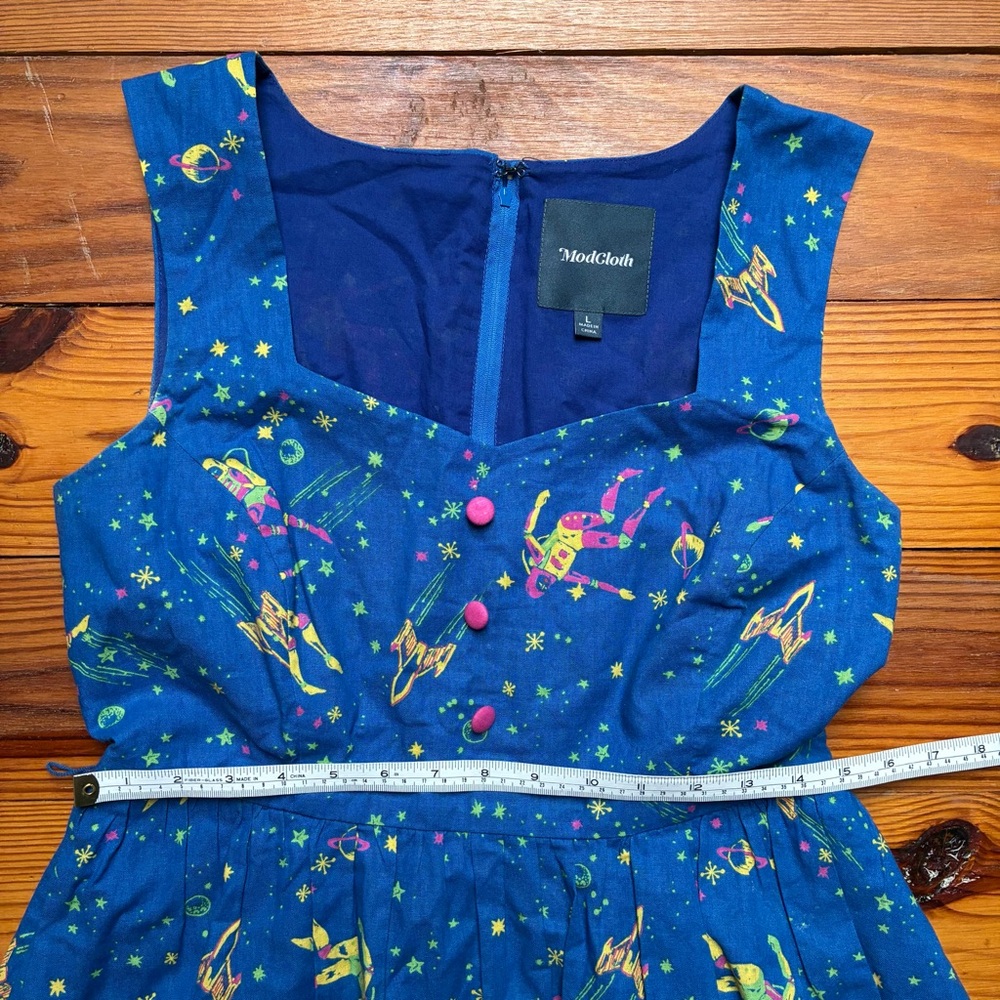 ModCloth Blue Fit and Flare Space Astronaut Dress, EUC, L - Picture 8 of 14